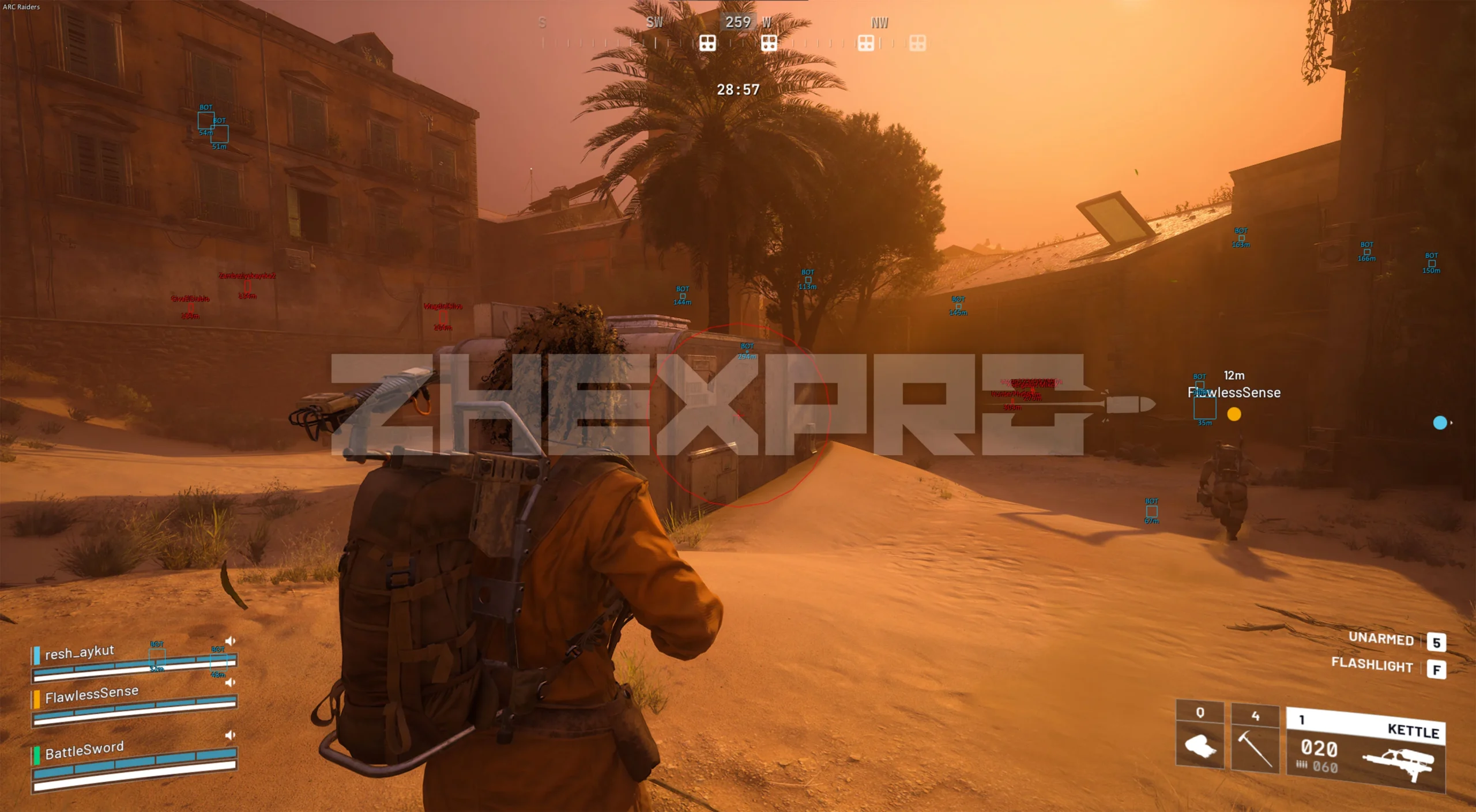 Arc raiders Aimbot in game – ZhexCheats Arc raiders aimbot in-game screenshot showing aim assist, target locking and HUD overlays by ZhexCheats